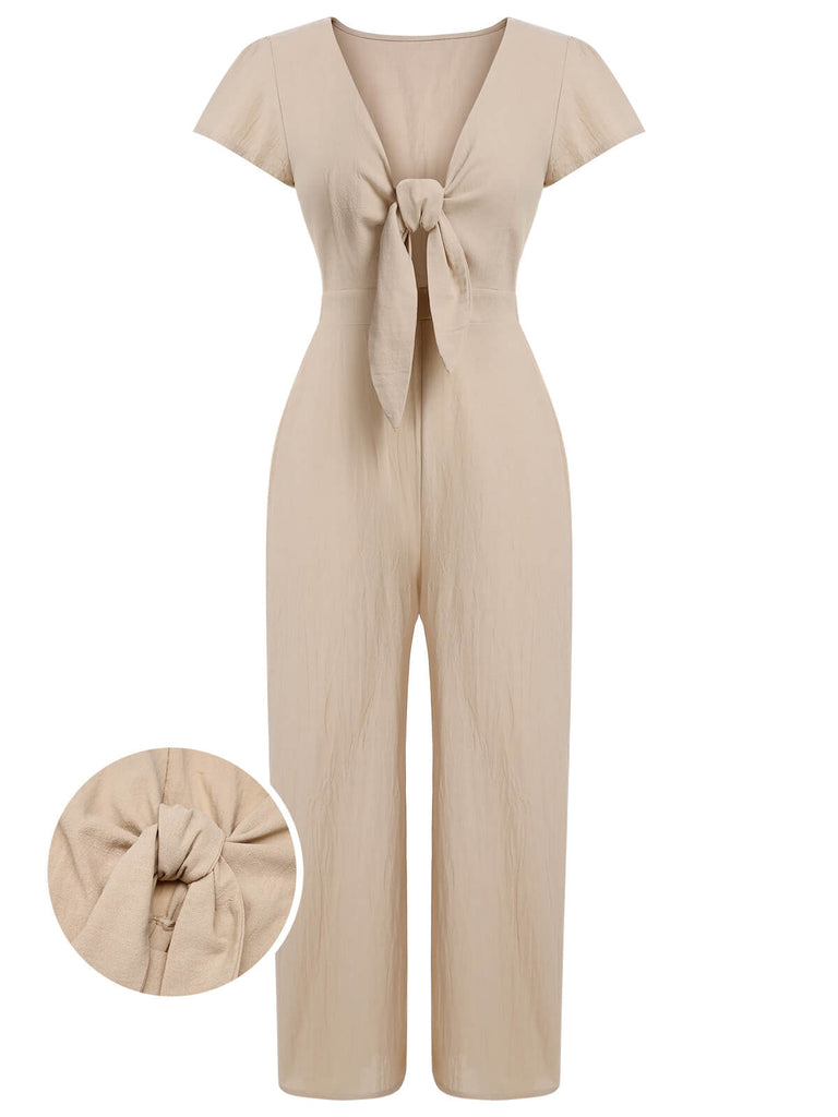 Light Khaki 1930s Tie V-Neck Jumpsuit