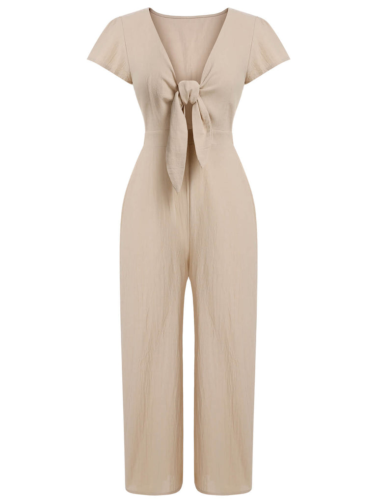 Light Khaki 1930s Tie V-Neck Jumpsuit