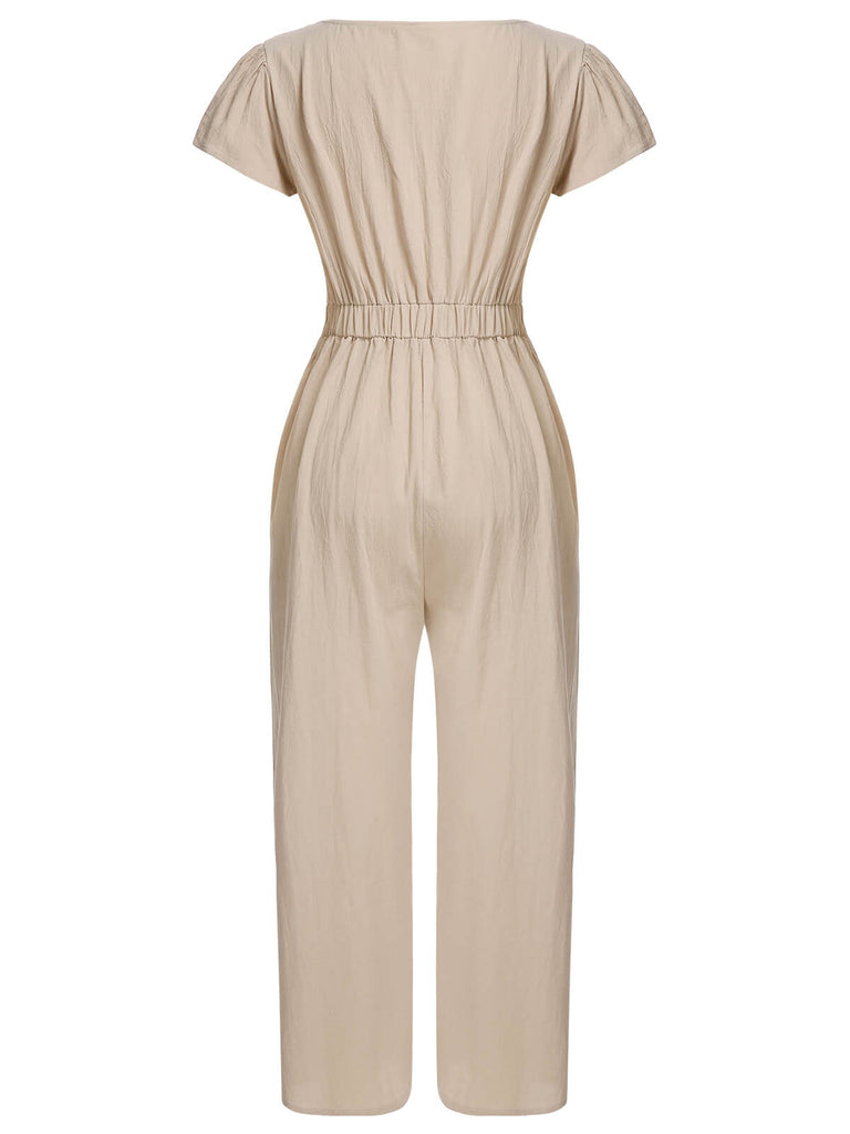 Light Khaki 1930s Tie V-Neck Jumpsuit