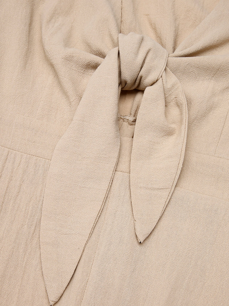 Light Khaki 1930s Tie V-Neck Jumpsuit