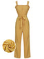 Yellow 1930s Floral Ruffles Tie Jumpsuit