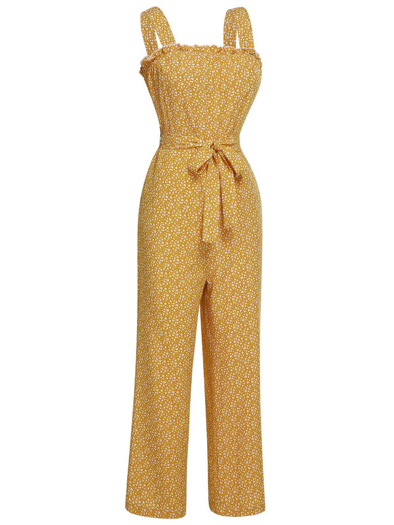 Yellow 1930s Floral Ruffles Tie Jumpsuit