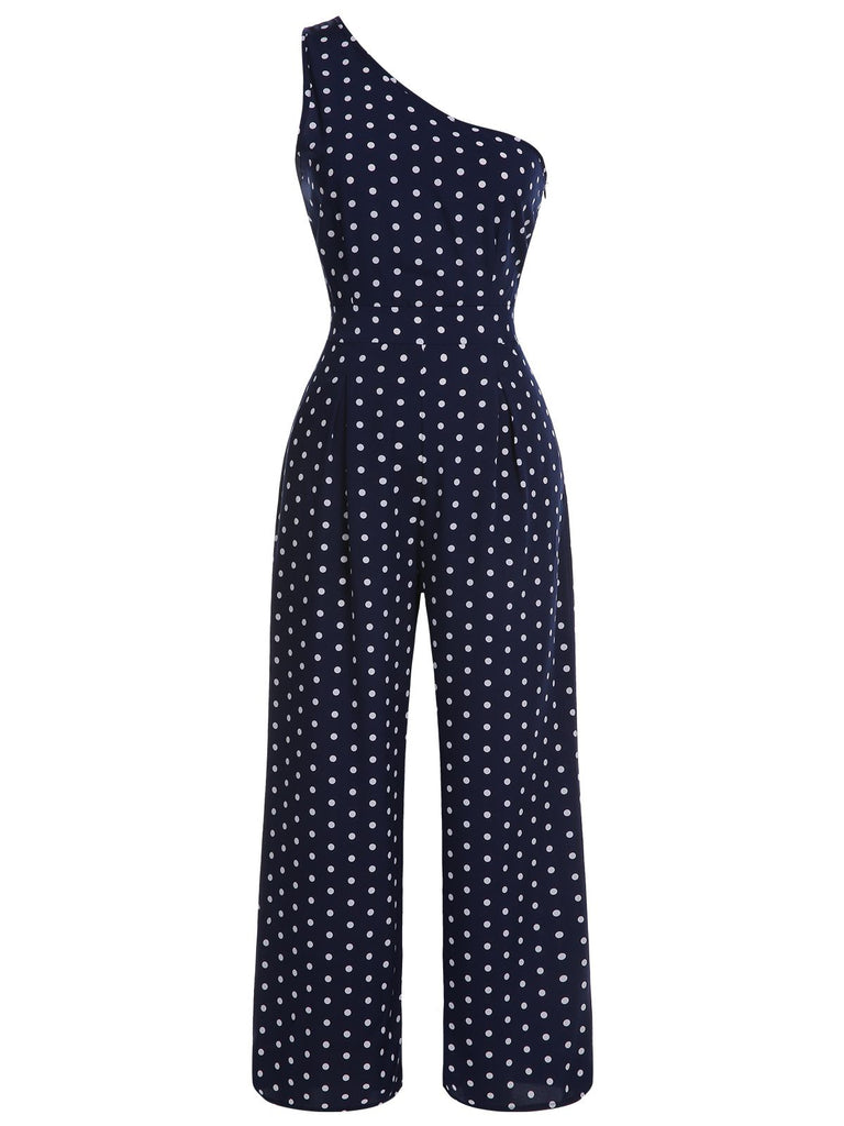 Navy Blue 1930s One-shoulder Dot Jumpsuit