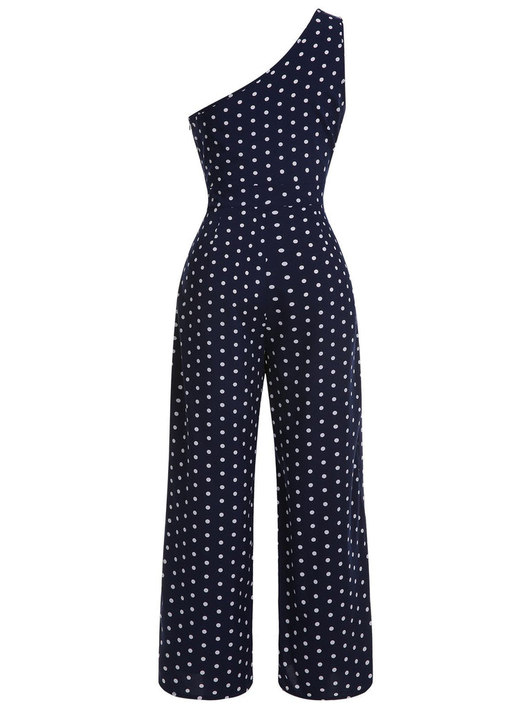 Navy Blue 1930s One-shoulder Dot Jumpsuit