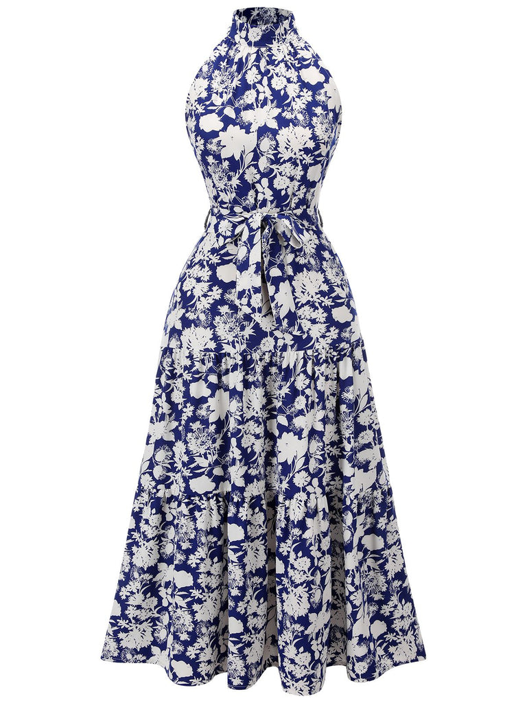 Blue 1930s Stand Collar Floral Dress