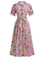 Pink 1930s Floral Bow Tie Pleated Dress