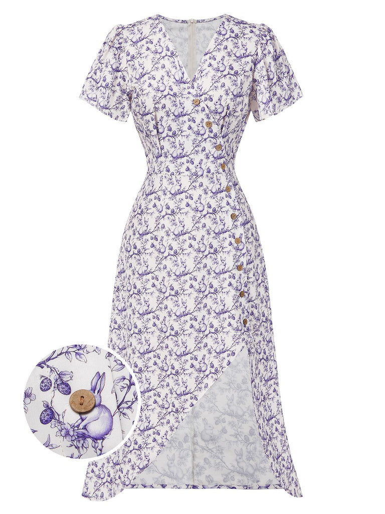 Purple 1940s Floral V-Neck Added Button Dress