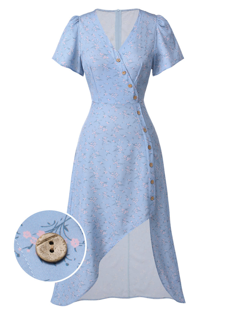 Red 1940s Floral V-Neck Added Button Dress