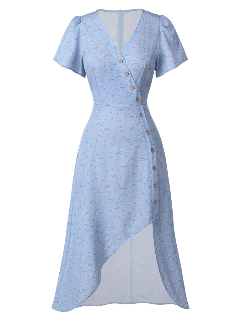 Red 1940s Floral V-Neck Added Button Dress