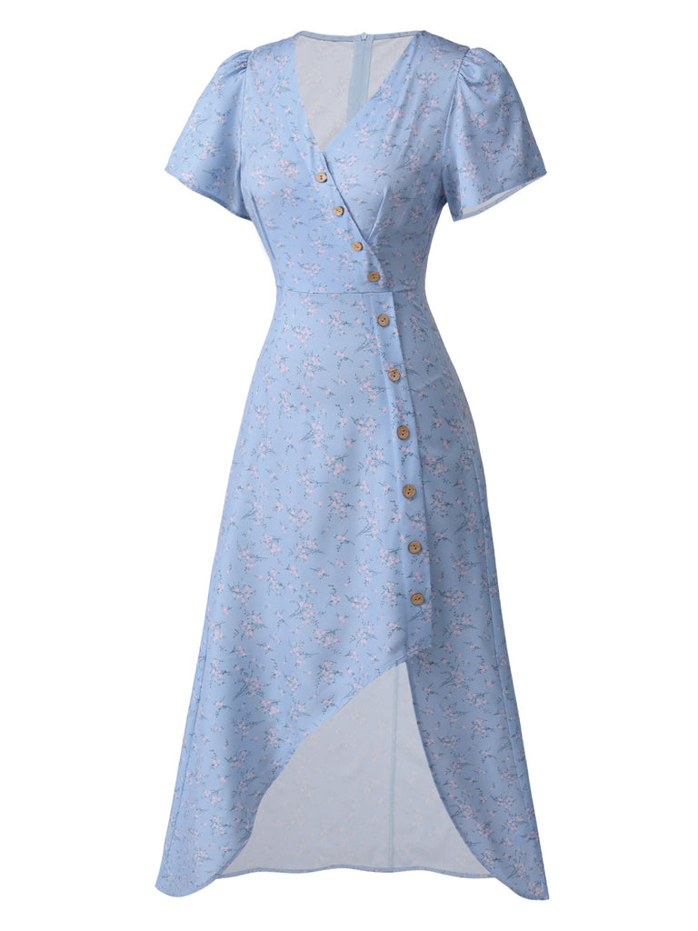 Red 1940s Floral V-Neck Added Button Dress