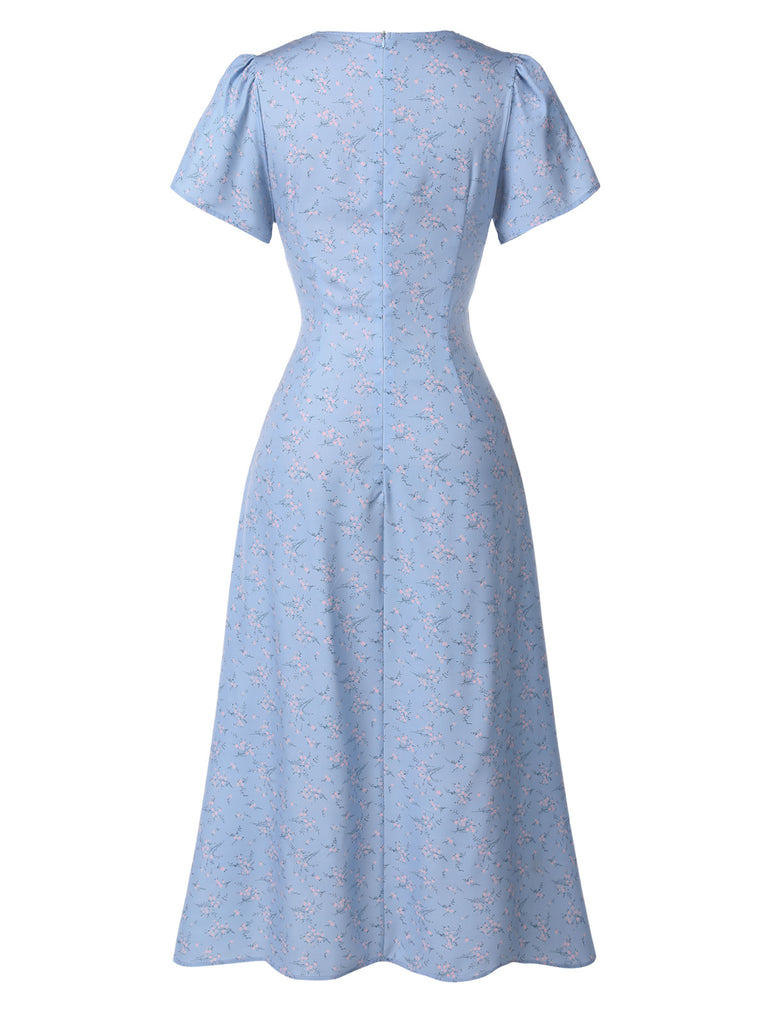 Red 1940s Floral V-Neck Added Button Dress