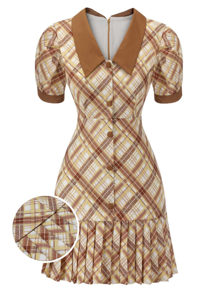 1960s Plaid Puff Sleeve Pleated Dress