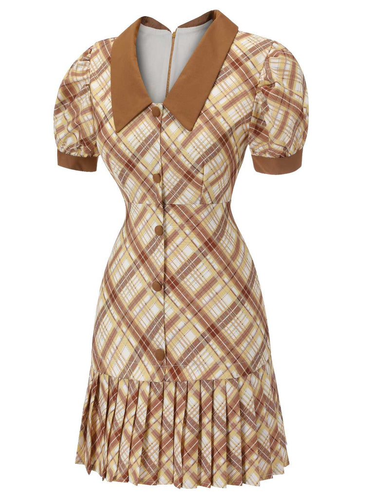1960s Plaid Puff Sleeve Pleated Dress