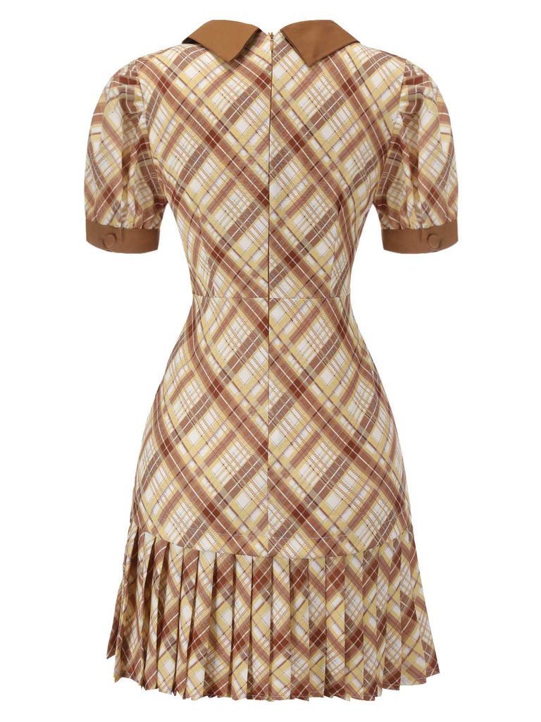 1960s Plaid Puff Sleeve Pleated Dress