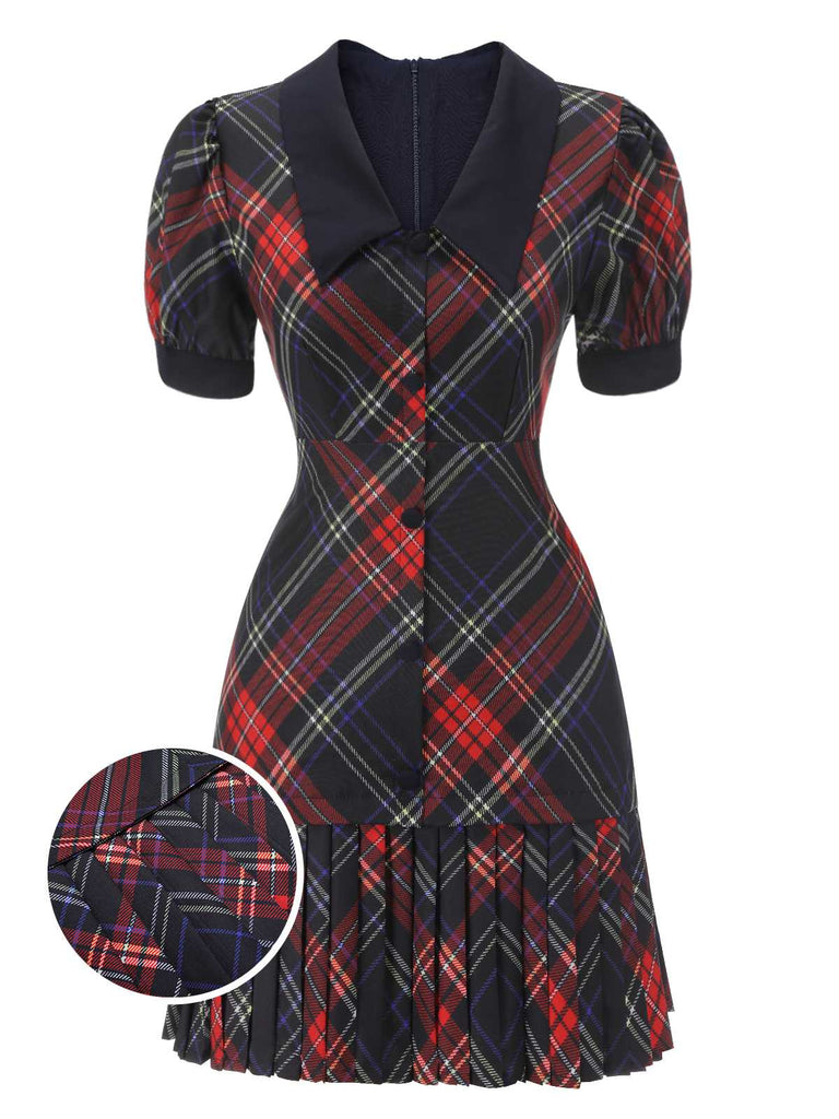 1960s Plaid Puff Sleeve Pleated Dress