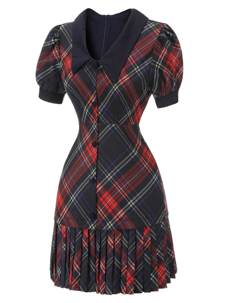 1960s Plaid Puff Sleeve Pleated Dress