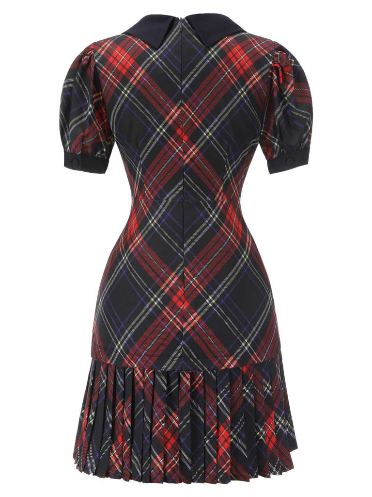 1960s Plaid Puff Sleeve Pleated Dress
