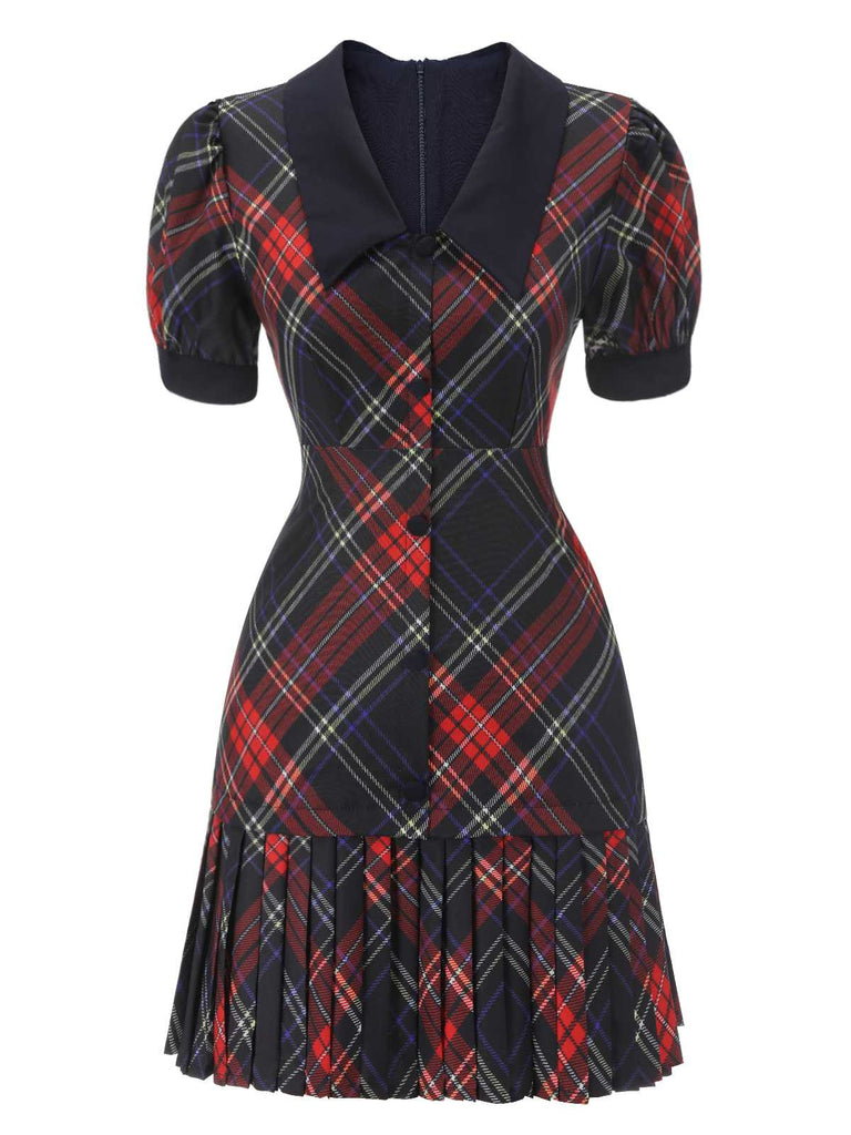 1960s Plaid Puff Sleeve Pleated Dress