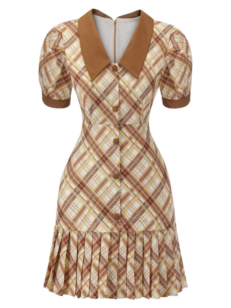 1960s Plaid Puff Sleeve Pleated Dress