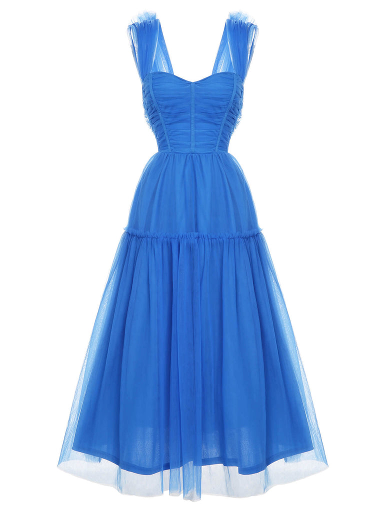 1950S Blue Solid Mesh Sleeveless Dress