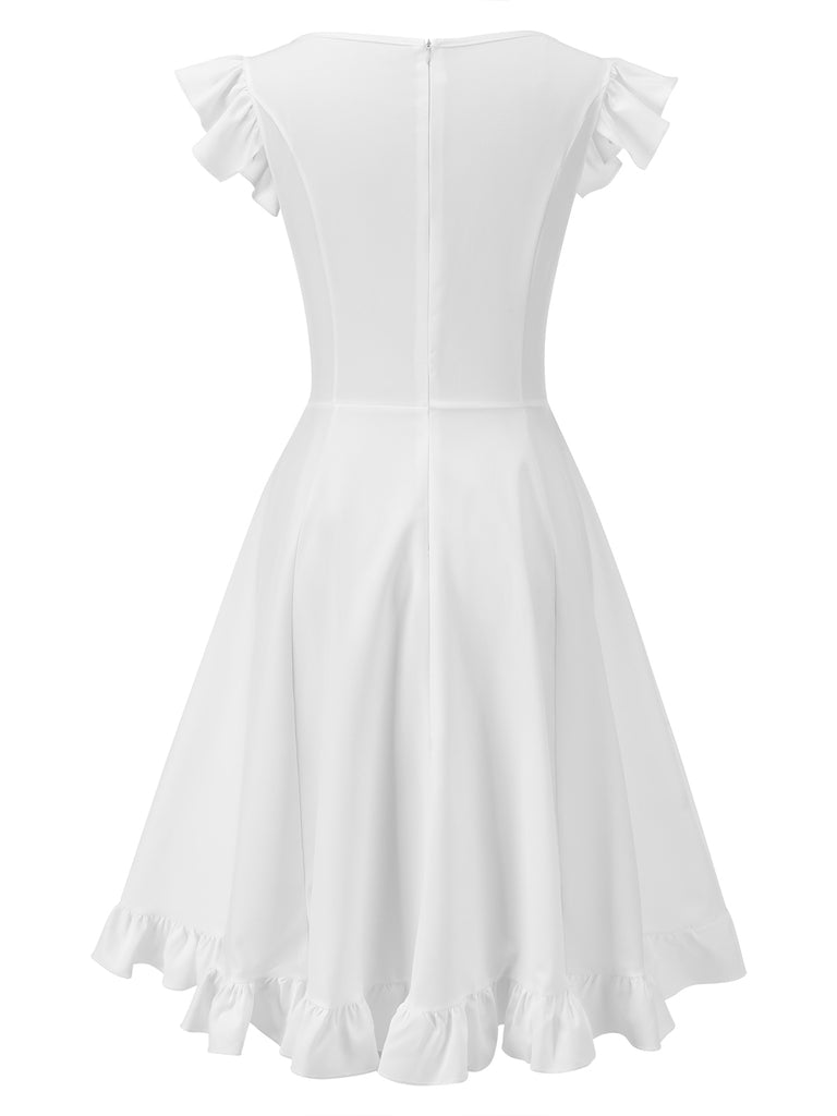 White 1950s Lace Patchwork Solid Dress