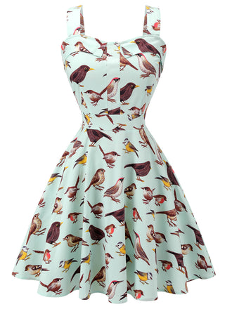 Green 1980s Bird Square Collar Sleeveless Dress