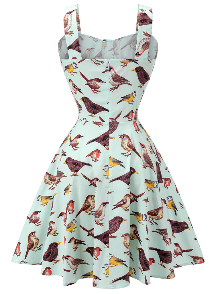Green 1950s Bird Square Collar Sleeveless Dress