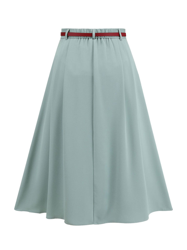2PCS Light Blue 1950s Floral Blouse & Solid Belted Skirt