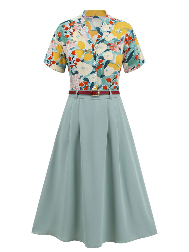 2PCS Light Blue 1950s Floral Blouse & Solid Belted Skirt