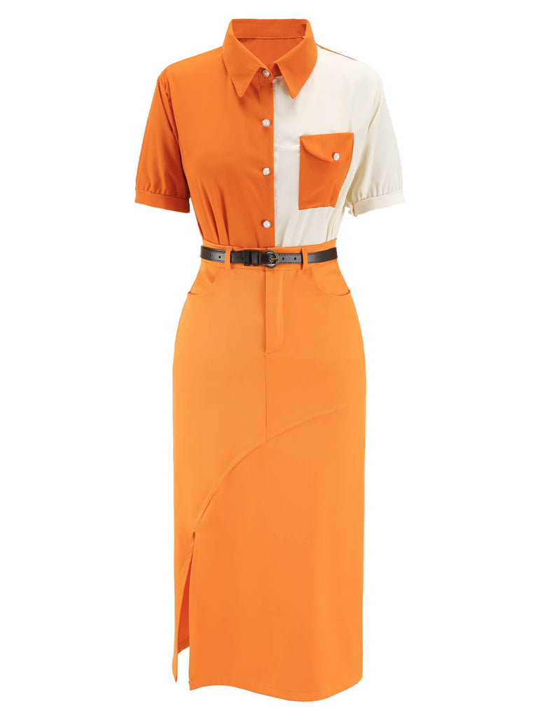1960S 2PCS Vintage Orange Shirt & Slit Skirt