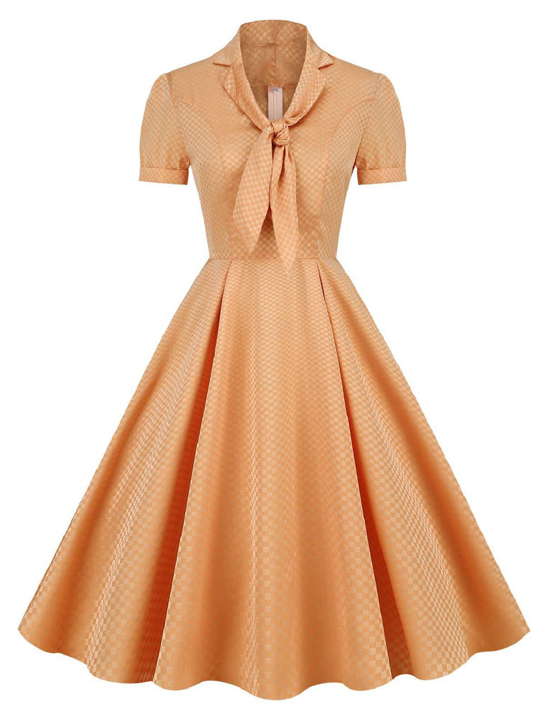 Orange 1950s Plaid Tie Collar Dress