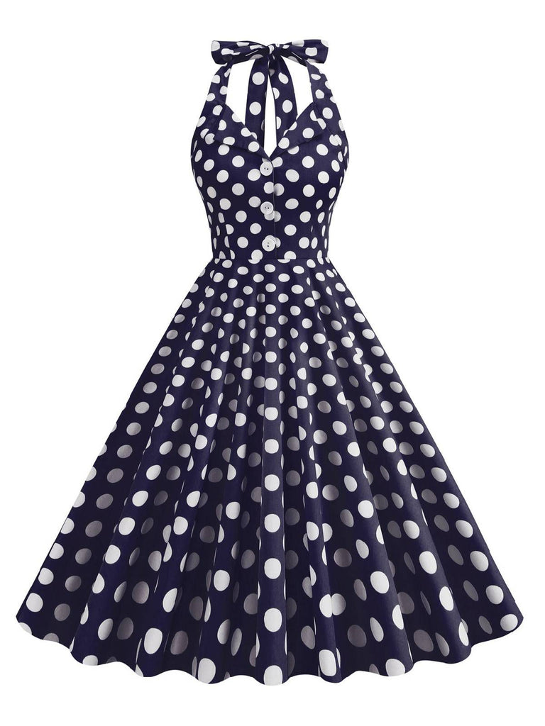 Navy Blue 1950s Polka Dot Halter Dress