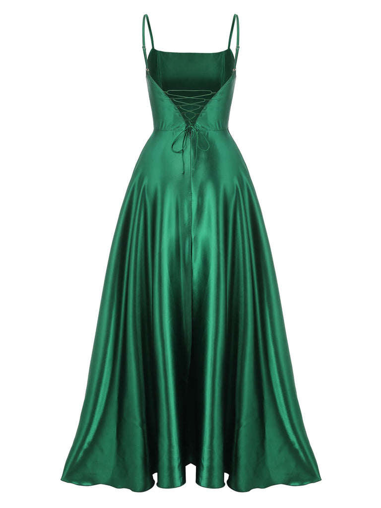 Green 1930s Solid Satin Strap Dress