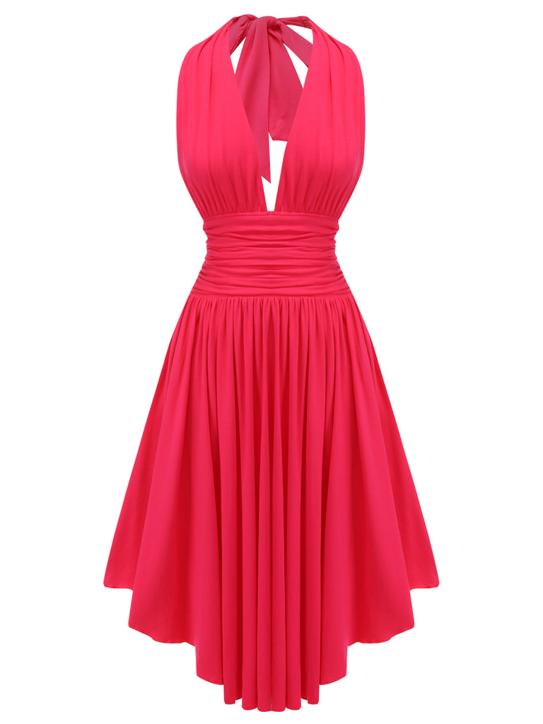 1950s Red Ruffled V-Neck Halter Dress
