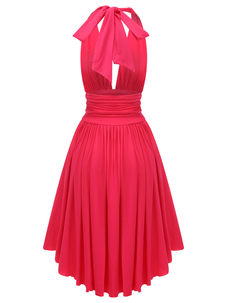 1950s Red Ruffled V-Neck Halter Dress