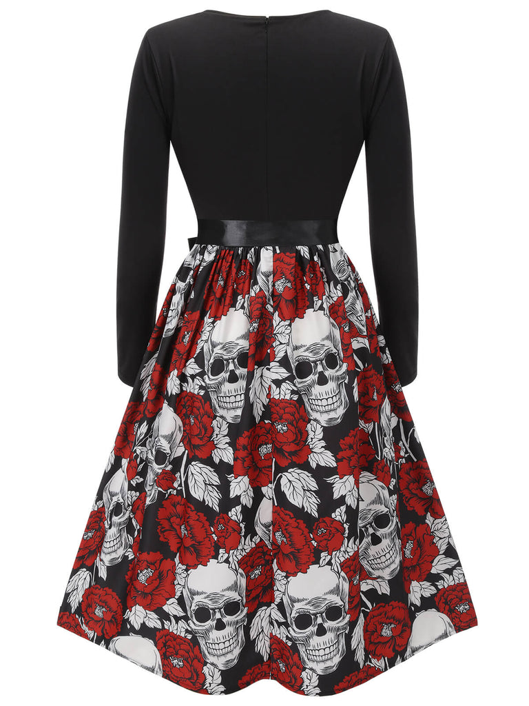 Black 1950s Halloween Rose Skull Bow Dress