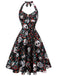 1950s Black Skull Floral Halter Dress