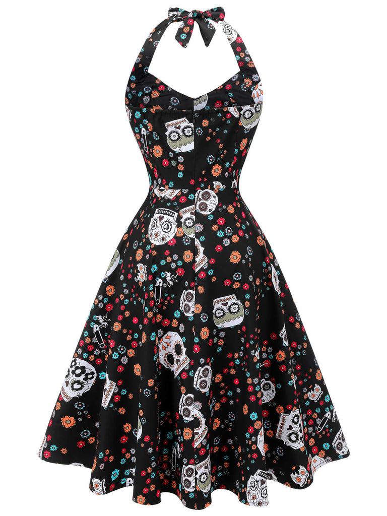 1950s Black Skull Floral Halter Dress