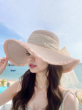 Vintage Lace Ribbon Wide-Brim Sun Hat