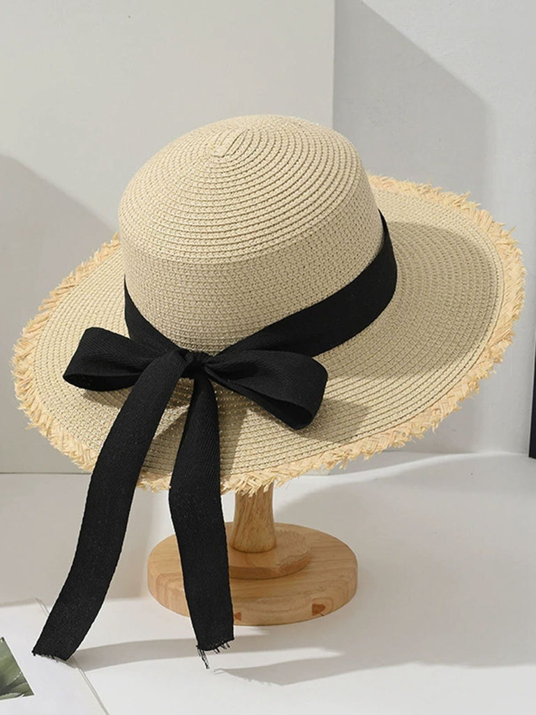 Bow Flat-Top Straw Wide-Brim Sun Hat