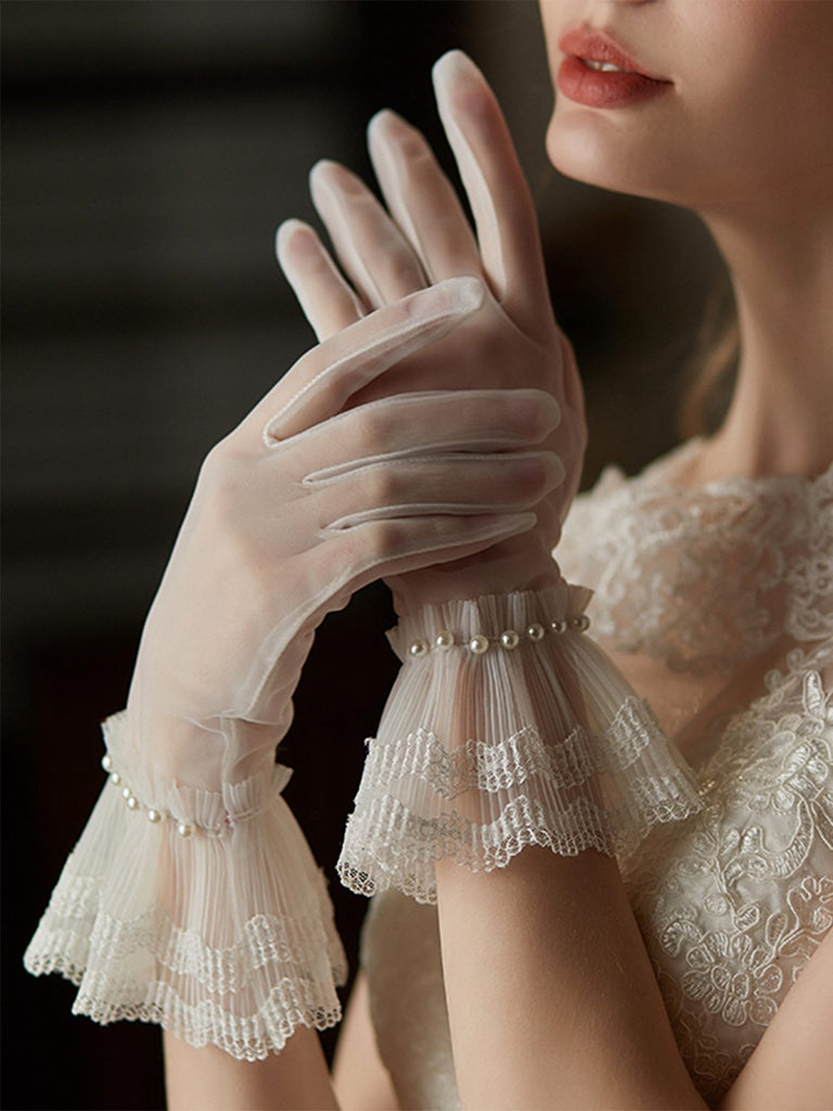 Retro Pearls Lace Trim Sheer Gloves