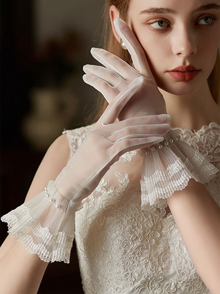 Retro Pearls Lace Trim Sheer Gloves