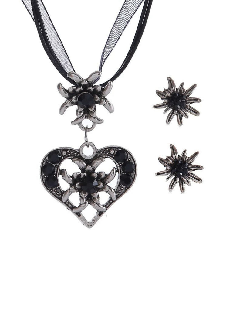 Vintage Rhinestone Edelweiss Heart Ribbon Necklace & Earring Set