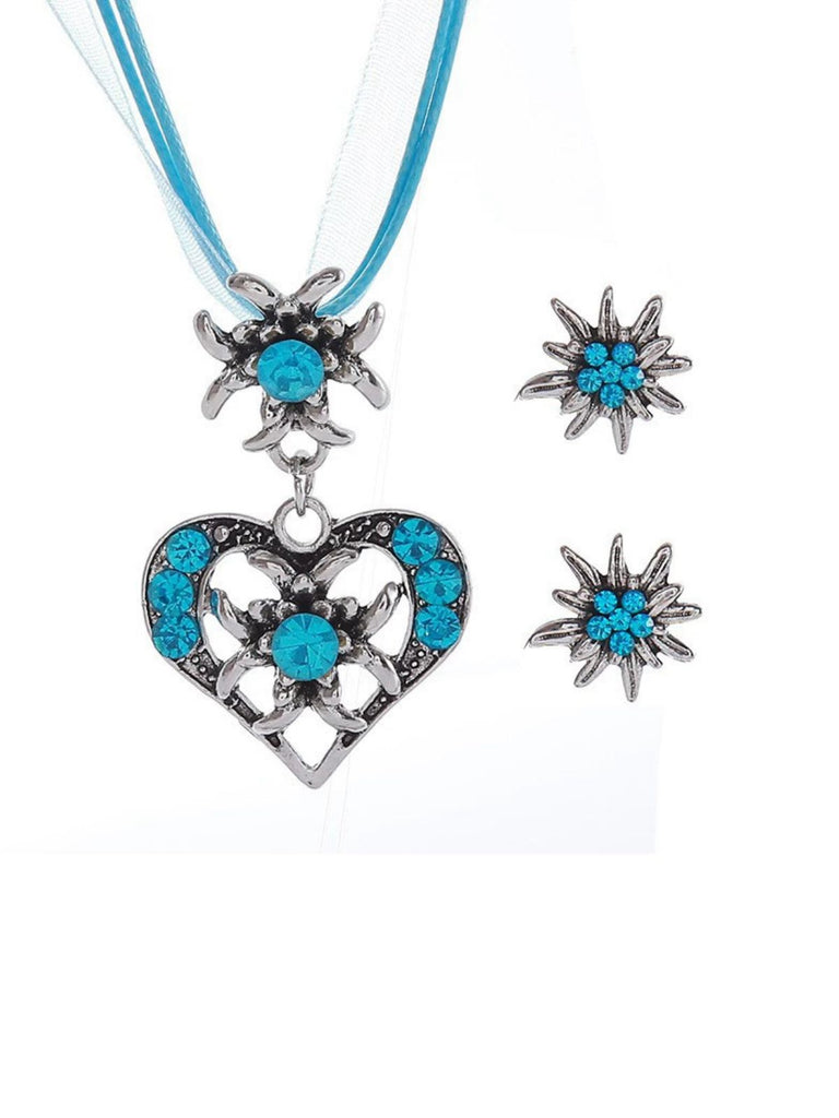 Vintage Rhinestone Edelweiss Heart Ribbon Necklace & Earring Set