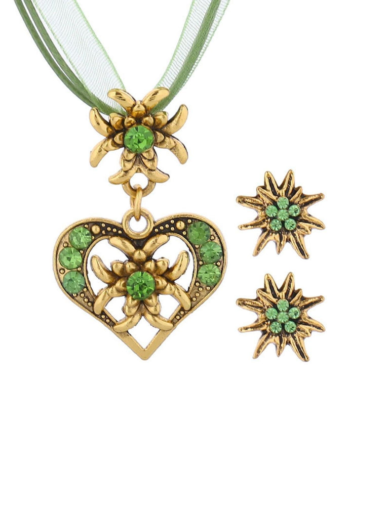 Vintage Rhinestone Edelweiss Heart Ribbon Necklace & Earring Set
