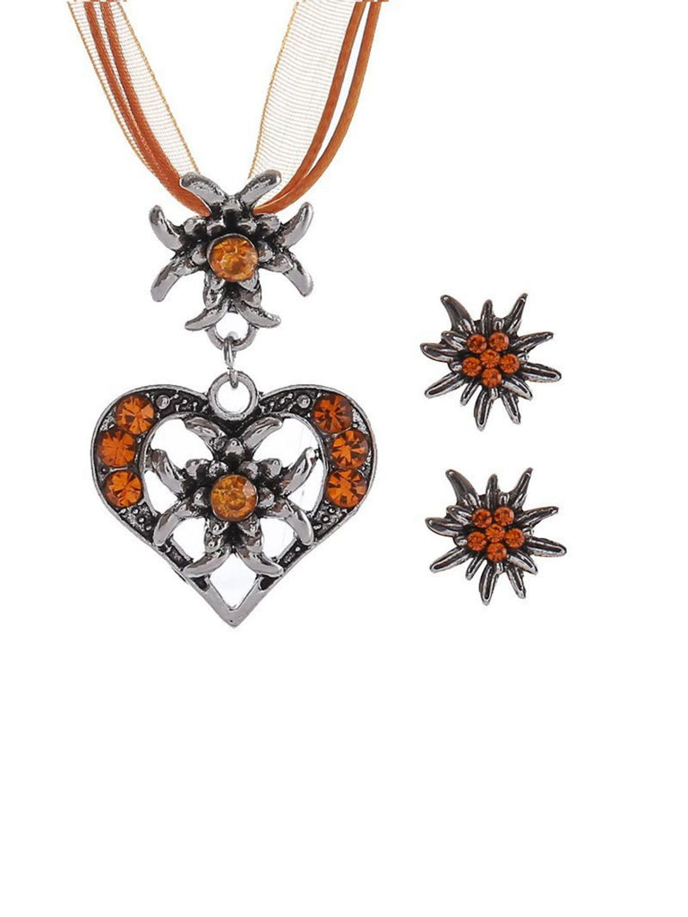 Vintage Rhinestone Edelweiss Heart Ribbon Necklace & Earring Set