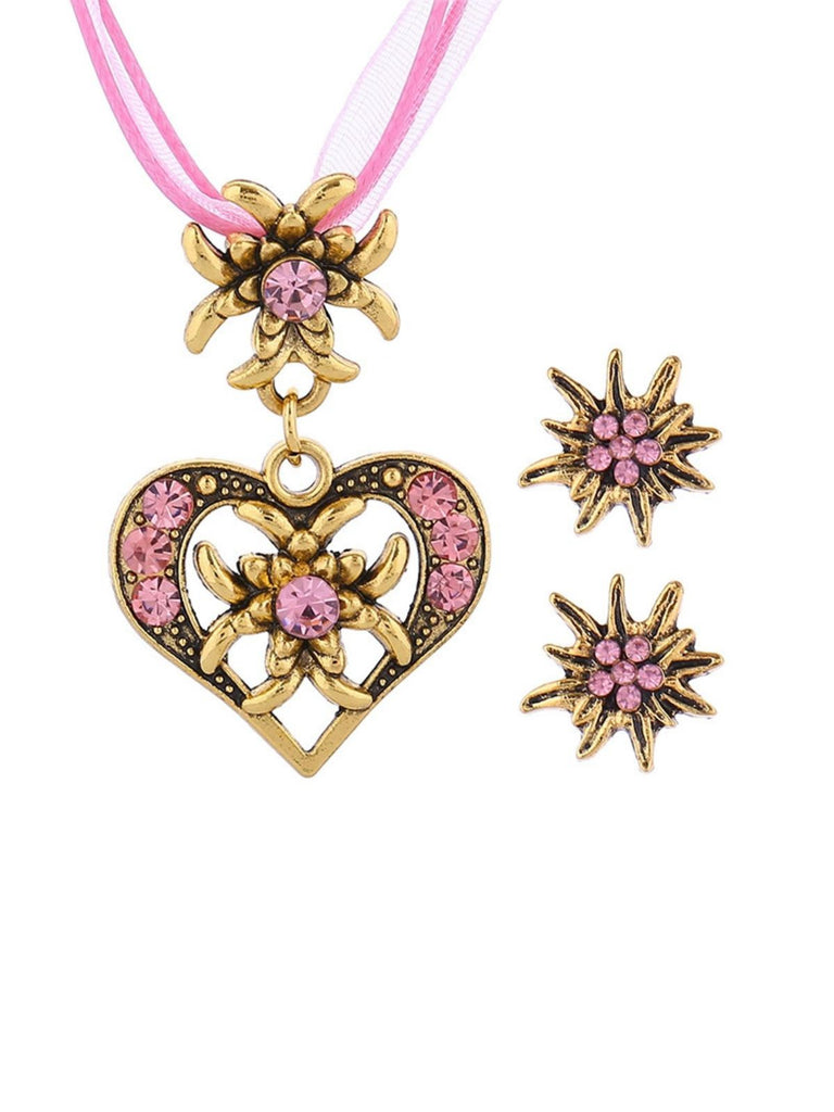 Vintage Rhinestone Edelweiss Heart Ribbon Necklace & Earring Set