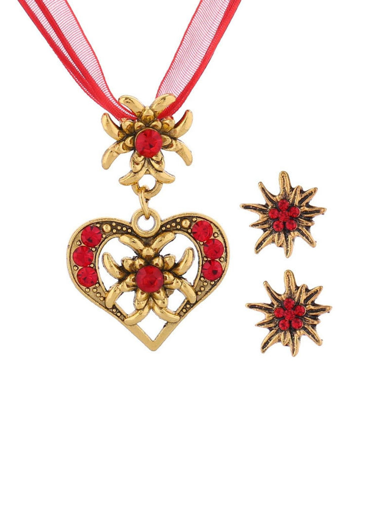 Vintage Rhinestone Edelweiss Heart Ribbon Necklace & Earring Set