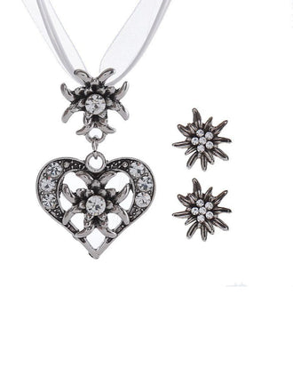 Vintage Rhinestone Edelweiss Heart Ribbon Necklace & Earring Set