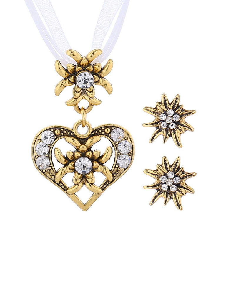 Vintage Rhinestone Edelweiss Heart Ribbon Necklace & Earring Set